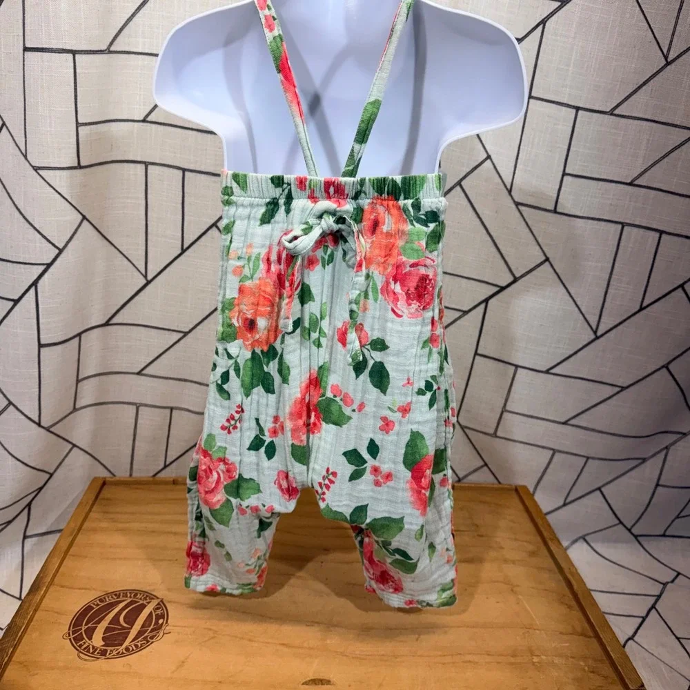 Angel‎ Dear Floral Muslin Romper 6-12M Mint Red Excellent Harem One Piece